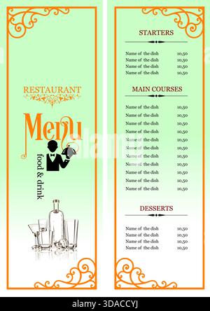 Restaurant menu template with elegant orange frame, a waiter holding a cloche and various drinks. Hand drawn illustration Stock Vector