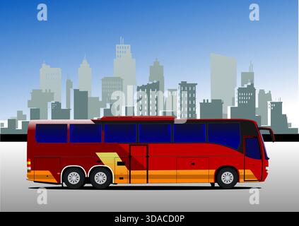 Red and yellow coach bus parked outside a modern city with skyscrapers. Hand drawn illustration Stock Vector