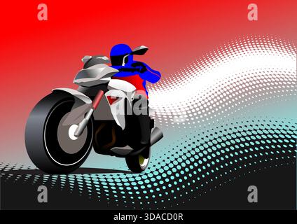Motorcycle racer speeding on abstract road with red background. Hand drawn illustration Stock Vector