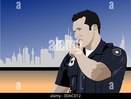 Police officer is using a radio to communicate with someone, with a city skyline in the background. Hand drawn Stock Vector