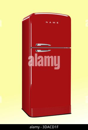 Red retro fridge standing on a yellow background, a vintage kitchen appliance. Hand drawn illustration Stock Vector