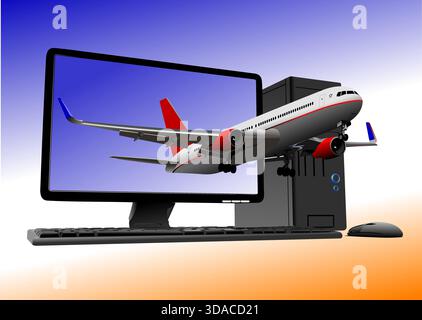 Conceptual illustration of an airplane taking off from a computer screen with keyboard and mouse on a gradient background. Hand drawn illustration Stock Vector
