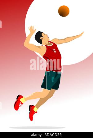 Male volleyball player jumping and hitting the ball during a volleyball game. Hand drawn illustration Stock Vector