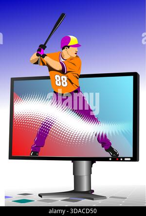 Baseball player swinging a bat at a ball coming out of a tv screen. Hand drawn illustration Stock Vector