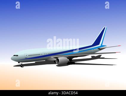 Illustration of a big white passenger airplane standing on a runway. Hand drawn illustration Stock Vector