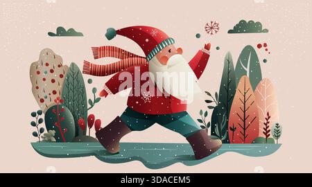 Santa Christmas winter holiday scene walking snowy forest stylized Santa Claus in red coat scarf playful snowflakes trees pastel colors seasonal Stock Vector