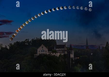 Composite of lunar eclipse sequence on September 07. 2025 over Castle Laufen on the Rhinefall. (all ellements are from my shots).. Stock Photo