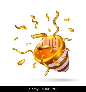 3D Exploding party popper with golden confetti and ribbons. Festive event celebration or surprise concept for holiday invitation. Vector illustration Stock Vector