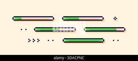 Pixel art loading game scale. Five green life process bars. Stock Vector