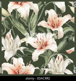 'Olive Lily' print. This design showcases bold white florals on a rich green canvas, offering a fresh and classy look for any occasion." Stock Vector