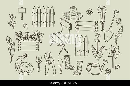 Rustic Home Gardening Doodles. DIY Sketch Outline Set For Farmhouse Decor And Design. Isolated Drawings of Farming And Floriculture Elements. Vector i Stock Vector