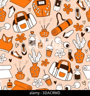 Fitness Seamless Pattern. Repeating hand-drawn Doodle Sport Equipment And Accessories for Fitness, Spa Items, Flowers on Orange Background. Vector Ill Stock Vector