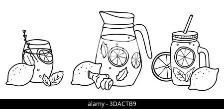 Lemonade compositions set. Jug and Glasses, Mason jar with Straw, Lemon Fruit and Cut Citrus Slices. Summer refreshment beverage with Lemon and mint Stock Vector