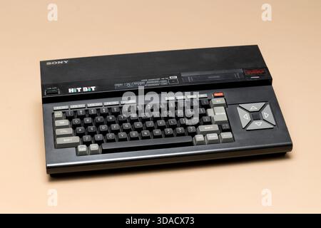 Pavia, Lombardy, Italy - December 8, 2024: Sony HitBit HB-75P MSX home computer from 1984, at Ctrl+Alt Museum. MSX standard, with 64 KB of RAM. Stock Photo