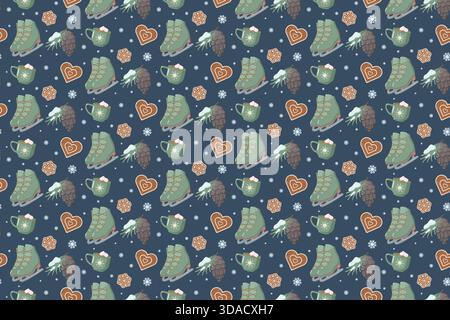 Seamless winter pattern with ice skates, cocoa mugs, pinecones, snowflakes, and gingerbread cookies on dark blue background. Cozy festive design Stock Vector
