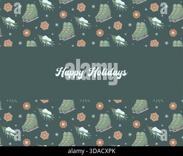 Holiday design with Happy Holidays text on green background. Surrounded by festive pattern of ice skates, cookies, snowflakes, and pine branches Stock Vector