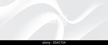 Abstract minimalist background featuring smooth curved gray and white shapes resembling liquid or fabric folds. Subtle light gray dot patterns or half Stock Photo