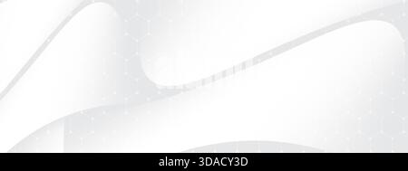 Abstract clean white background featuring smooth curved gray shapes resembling liquid or fabric folds. Subtle hexagonal grid pattern or molecular mesh Stock Photo