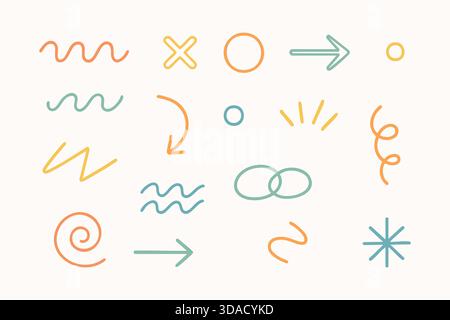 Playful doodle board filled with arrows lines checks and marks in pastel colors. Stock Vector