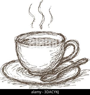Hand drawn teacup filled with hot coffee with visible steam lines. Stock Vector