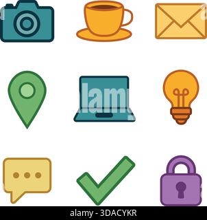 Nine square user interface icons including camera cup mail pin laptop bulb chat check and lock. Stock Vector