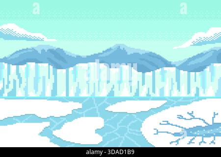 Glacial valleys with frost fractures floor and snow layer in winter landscape on blue sky background, pixel art. Stock Vector