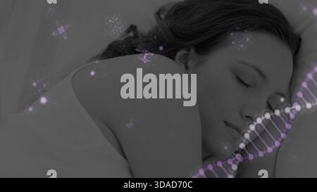 Sleeping woman is lying on pillow in digital illustration, with health tech DNA helix overlay Stock Photo