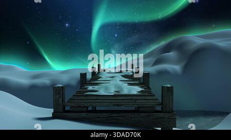 Flat design is showing broken wooden pier over snowdrifts under green aurora, travel theme Stock Photo