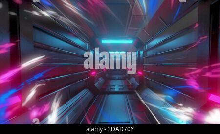 Futuristic metallic corridor is showing neon light strips and streaks in 3D render for technology Stock Photo