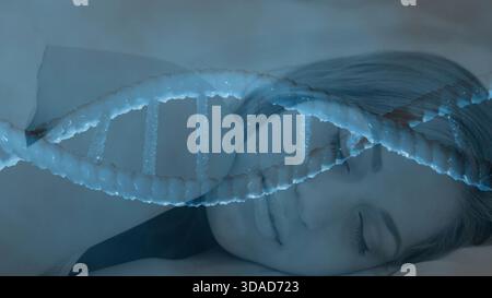 Sleeping woman is lying on side in vector bedroom, with glowing DNA helix for health tech Stock Photo
