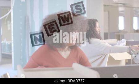 Two women are working in vector office illustration showing cubicles, monitors, box, business theme Stock Photo
