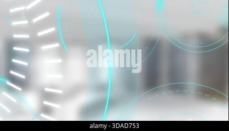 Translucent cyan-blue circular 3D-rendered HUD graphics is overlaying office corridor in technology Stock Photo