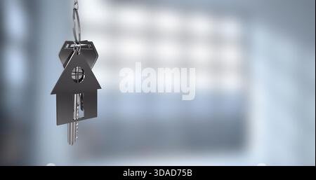 Metallic house keychain with keys is hanging in 3D render interior for real estate, copy space Stock Photo