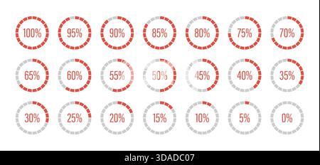 Red progress bars. Template of red and gray color fill pie charts indicator. Round percentage infographic. Round graph loading progress set. Diagrams Stock Vector