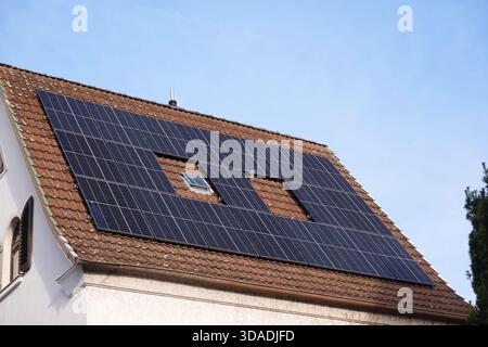 Solar panels cover a rooftop under a clear blue sky. Two metal pipes ...