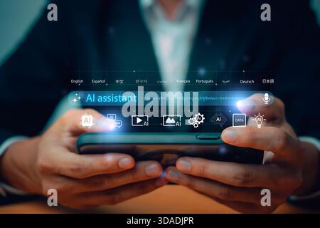 Person using smartphone with AI assistant interface, multilingual support, and smart technology icons, showcasing modern artificial intelligence tools Stock Photo