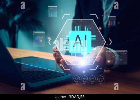 Hand presenting glowing AI icon with digital data charts and futuristic interface, representing artificial intelligence innovation, automation systems Stock Photo