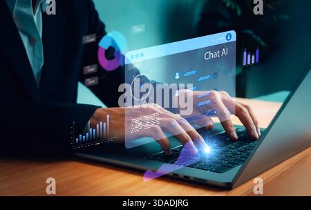 Businessman using laptop with futuristic Chat AI interface, data analytics, and digital technology visualization, representing modern artificial intel Stock Photo