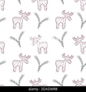 Traditional Xmas red wooden moose figurine among simple green plants vector seamless pattern. Sweden Christmas animal symbol and herbs line art ink or Stock Vector