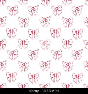 Vector coquette red satin bows seamless isolated pattern. Decorative jute bow ornate. Hand drawn colored tied silk ribbons line ink illustration Stock Vector