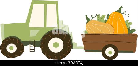 Cartoon tractor with pumpkins harvest in a cart. Flat vector illustration isolated on white. Cute funny farm transport for kids designs. Stock Vector
