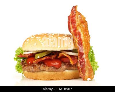 Hamburger with Bacon - Fast Food on white Background Stock Photo