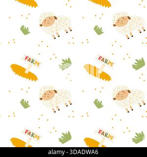 Children's pattern with cute sheep and grass. Funny seamless pattern with farm animal. Stock Vector
