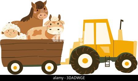 Kids tractor with farm animals in a cart. Funny horse, cow and sheep. Vector cartoon illustration isolated on transparent background in a vector file. Stock Vector