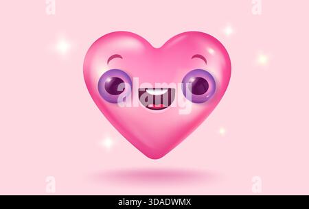 Vector icon of pink heart with cute kawaii face for Valentine's Day in realistic 3d style. Vector realistic banner with cute heart on pink background. Stock Vector