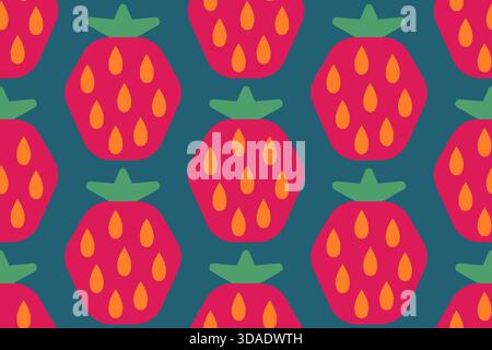Vector seamless pattern of strawberry in retro geometric style. Retro pattern of strawberries. Stock Vector