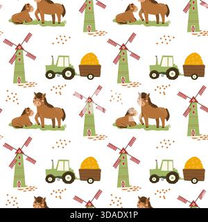 Cartoon pattern with cute mom horse and baby animal with tractor and mill. Kids seamless pattern with farm elements for nursery designs. Stock Vector