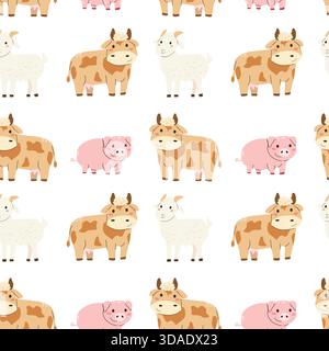 Cute farm pattern with cartoon cow, goat and pig. Seamless pattern with cute domestic animals on white background. For childish print, fabric texture, Stock Vector
