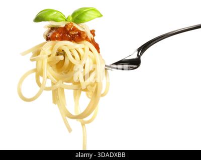 Spaghetti Bolognese Fork - Fast Food on white Background Stock Photo