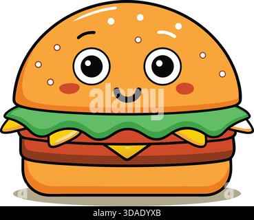 Cute cartoon hamburger with happy face character illustration Stock Vector